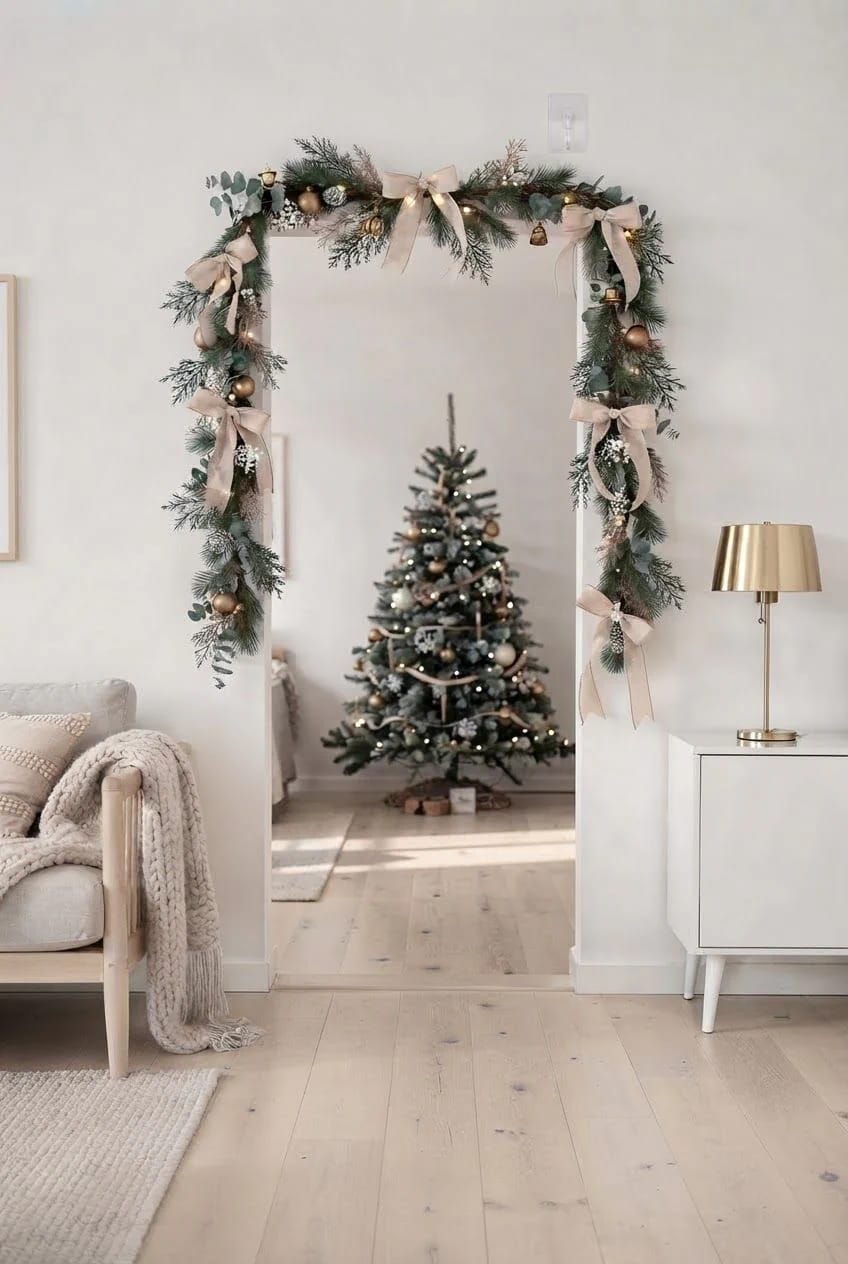 Christmas garland decorates an interior doorway with evergreen branches, ribbons, ornaments, and bells, framing a room with a decorated Christmas tree.