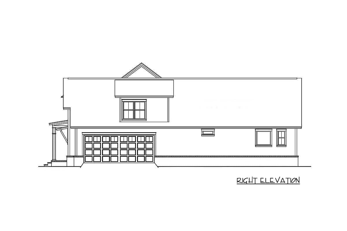 Right-side elevation drawing showing a garage, covered entry, dormer, and side windows Right-side elevation drawing showing a garage, covered entry, dormer, and side windows