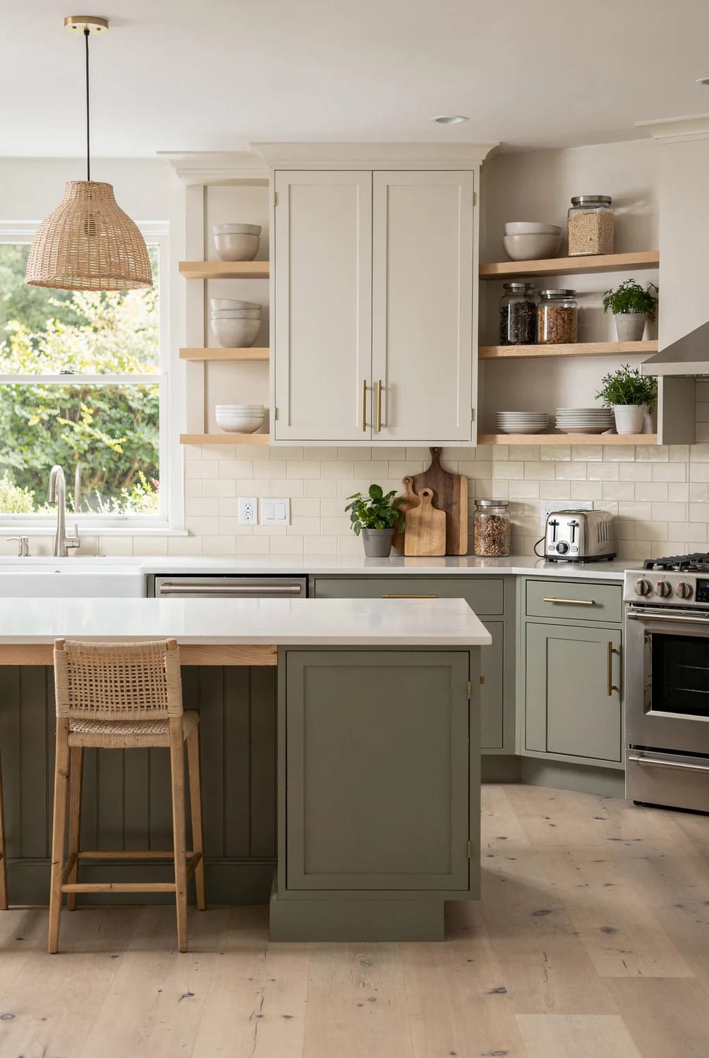 Sage Green Lower Cabinets Kitchen Remodel Bright kitchen with sage green lower cabinets and island, cream upper cabinetry, open wood shelves, a white countertop, woven pendant light, and stainless steel range
