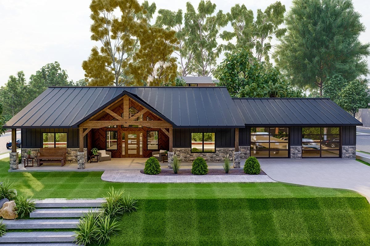 Single-story modern rustic home with timber gable, stone walls, covered porch, and attached garage