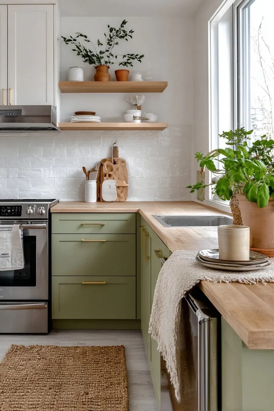 11 Small Apartment Kitchen Ideas That Give You Back Your Counter 4 Small apartment kitchen with green cabinets, wood countertops, open shelves, white tile backsplash, stainless steel appliances, a sink by the window, and potted plants