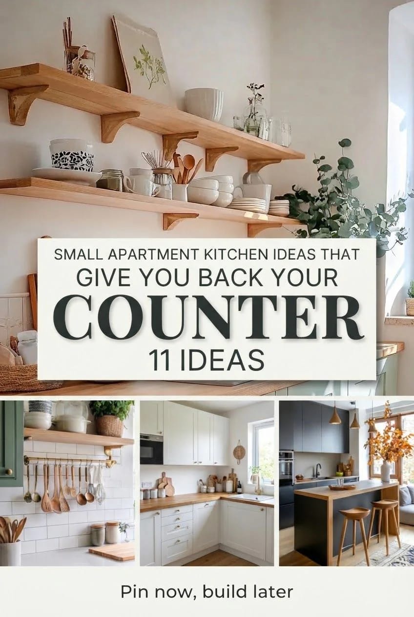 Small Apartment Kitchen Ideas For More Counter Space Pinterest-style collage featuring open wooden shelves with dishes, utensils, plants, and kitchen decor, plus three compact kitchen interiors illustrating small apartment kitchen ideas for reclaiming counter space