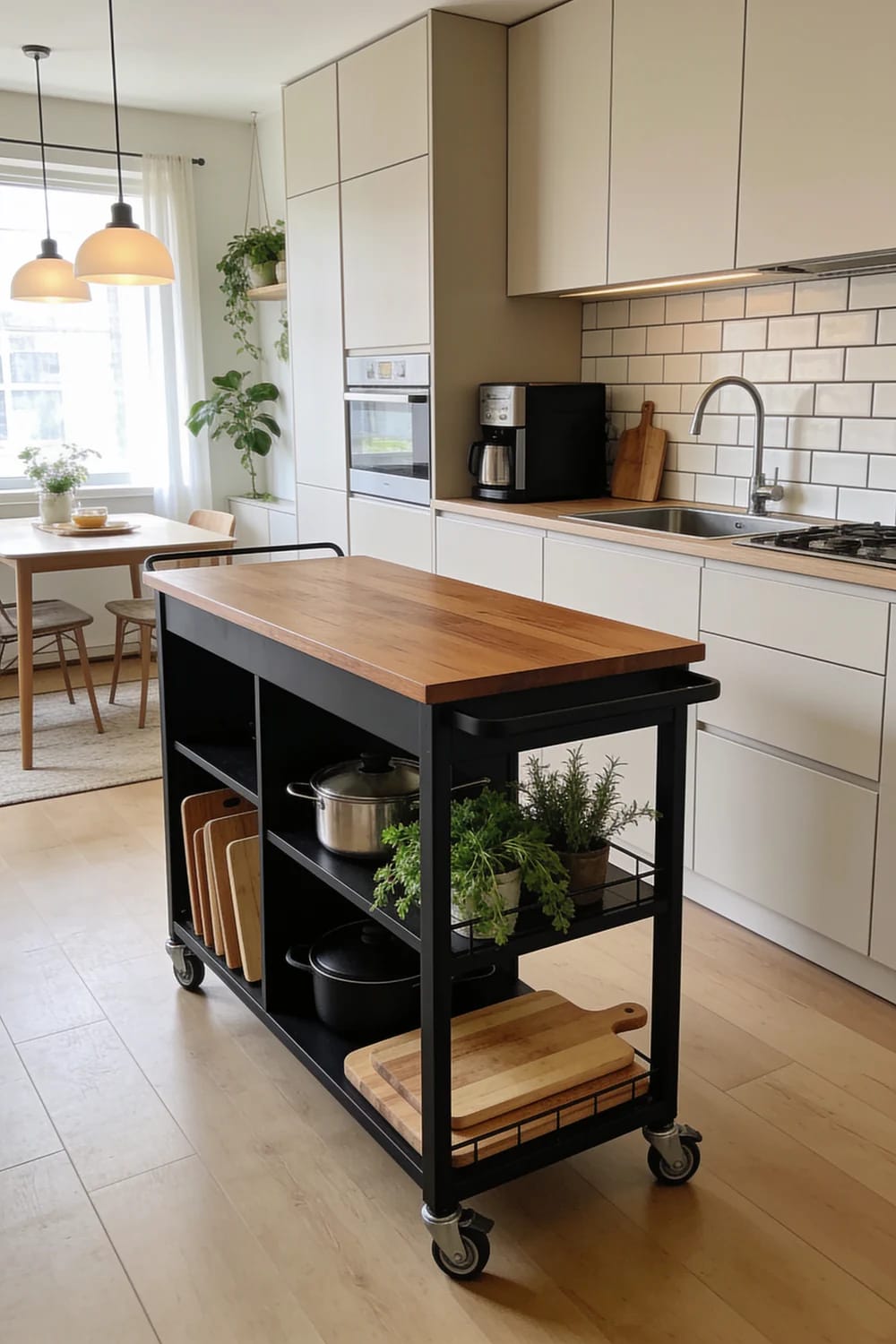 Small Apartment Kitchen Island Cart Small apartment kitchen with a compact rolling island cart, butcher-block countertop, open shelves, cutting boards, cookware, and potted herbs in front of a wall-mounted cabinet kitchen