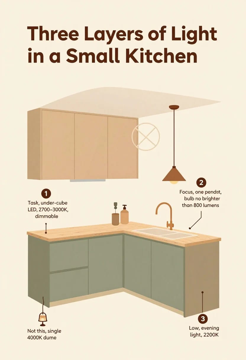 Small Apartment Kitchen Lighting Ideas Illustration titled “Three Layers of Light in a Small Kitchen,” showing an L-shaped kitchen with wood countertops, green cabinets, overhead cabinets, a sink, and labels for under-cabinet task lighting, a pendant light, and low evening lighting.