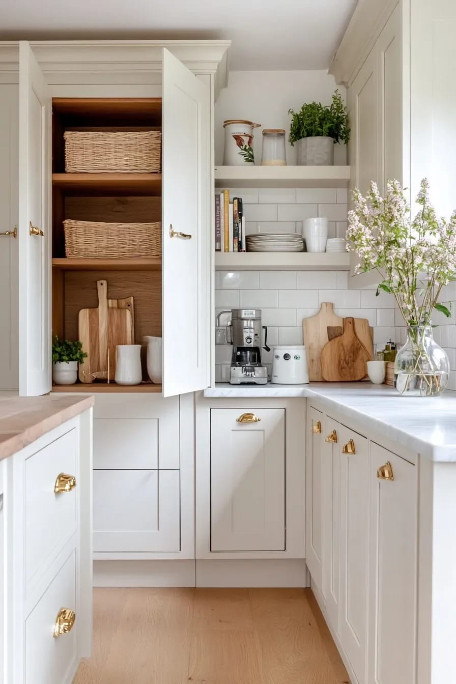 Small Apartment Kitchen Vertical Storage Small apartment kitchen with open shelves, tall cabinets, baskets, dishes, cutting boards, and countertop appliances arranged to use vertical storage and preserve counter space