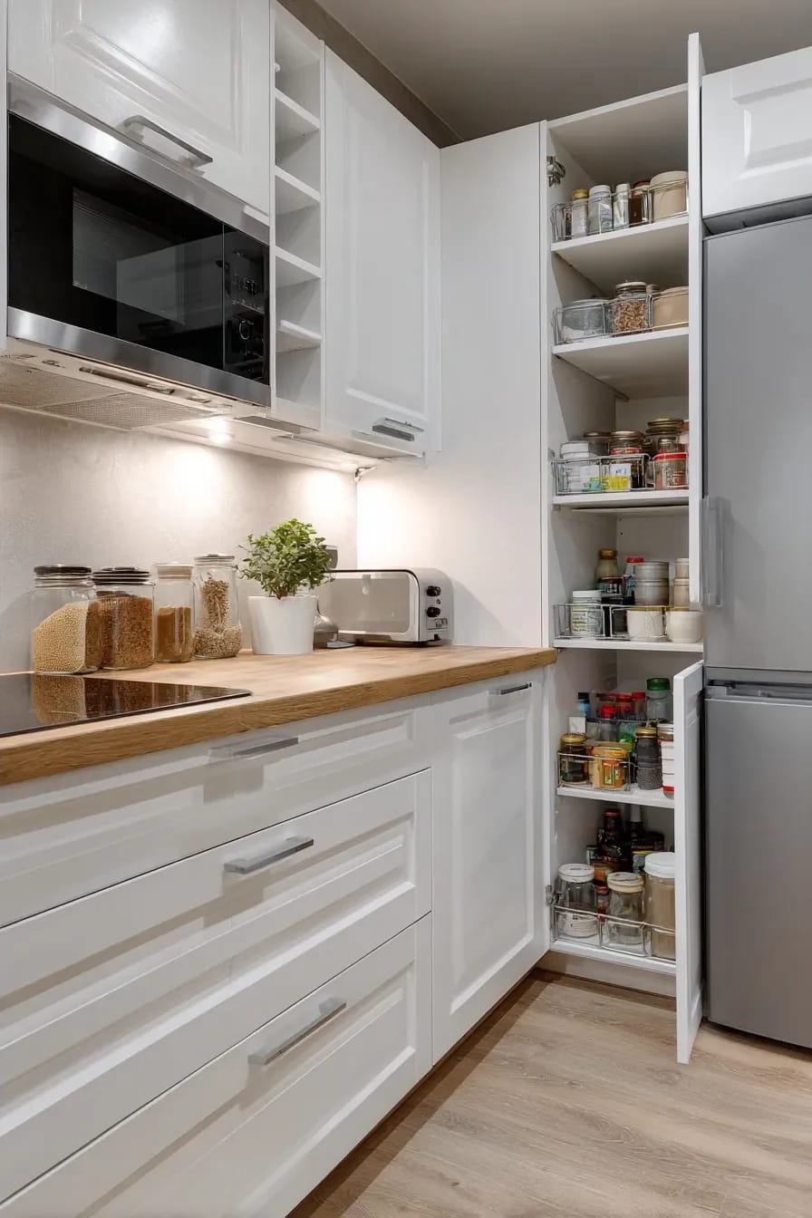 Small Apartment Kitchen Vertical Storage Small apartment kitchen with a tall pullout pantry beside the refrigerator, storing jars, cans, and containers on multiple shelves while keeping the wood countertop clear.