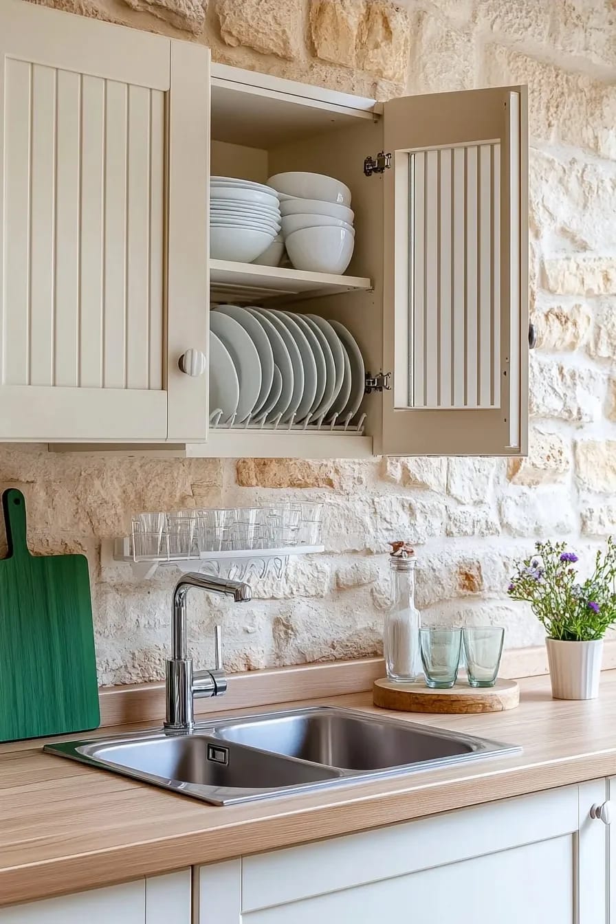 Small Apartment Kitchen Vertical Storage Small apartment kitchen with an open upper cabinet storing stacked bowls and vertically arranged plates above a countertop sink, demonstrating storage that goes up rather than out
