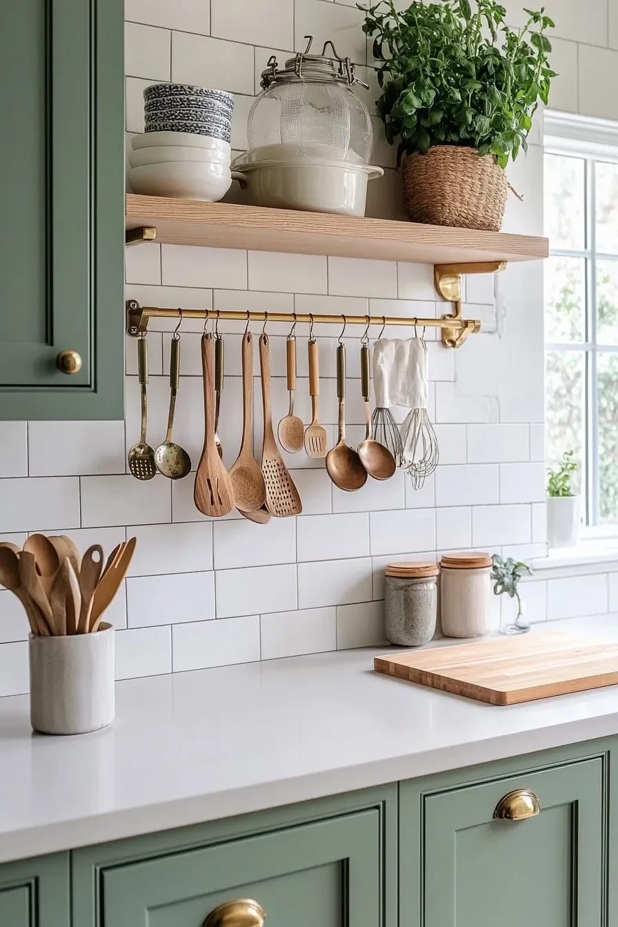 Small Apartment Kitchen Vertical Storage Ideas Small apartment kitchen with a wall-mounted shelf holding bowls, covered dishes, and a potted plant above a rail displaying hanging cooking utensils, leaving the countertop open.