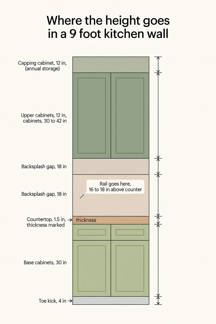 Small Apartment Kitchen Vertical Storage Plan Annotated diagram showing how height is used in a 9-foot kitchen wall, with a capping cabinet, upper cabinets, backsplash gaps, countertop, base cabinets, and toe kick for small apartment kitchen storage.