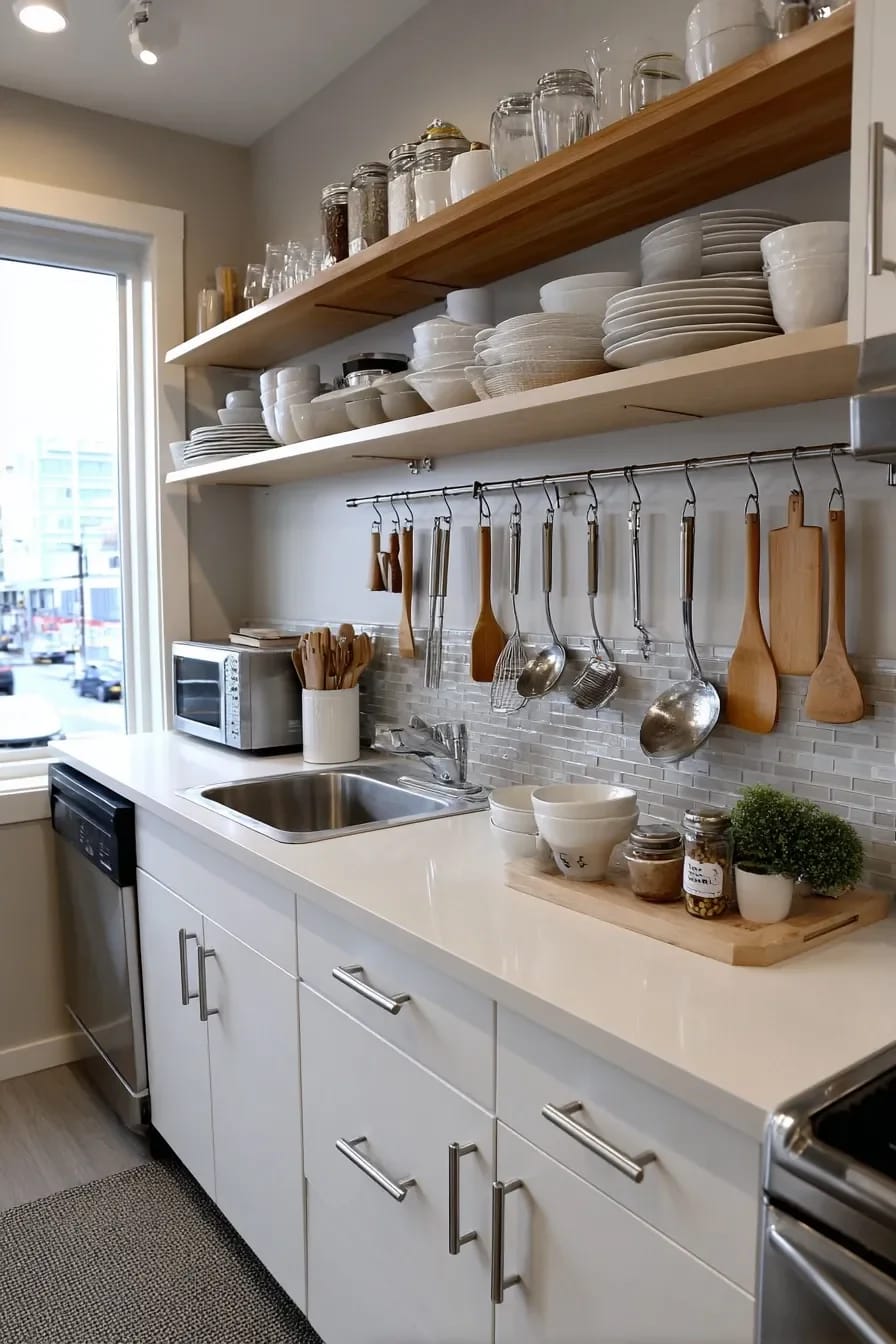 Small Apartment Kitchen Vertical Storage Small apartment kitchen with two open shelves holding plates, bowls, cups, and glass jars, plus cooking utensils hanging from a wall rail above the counter and sink.