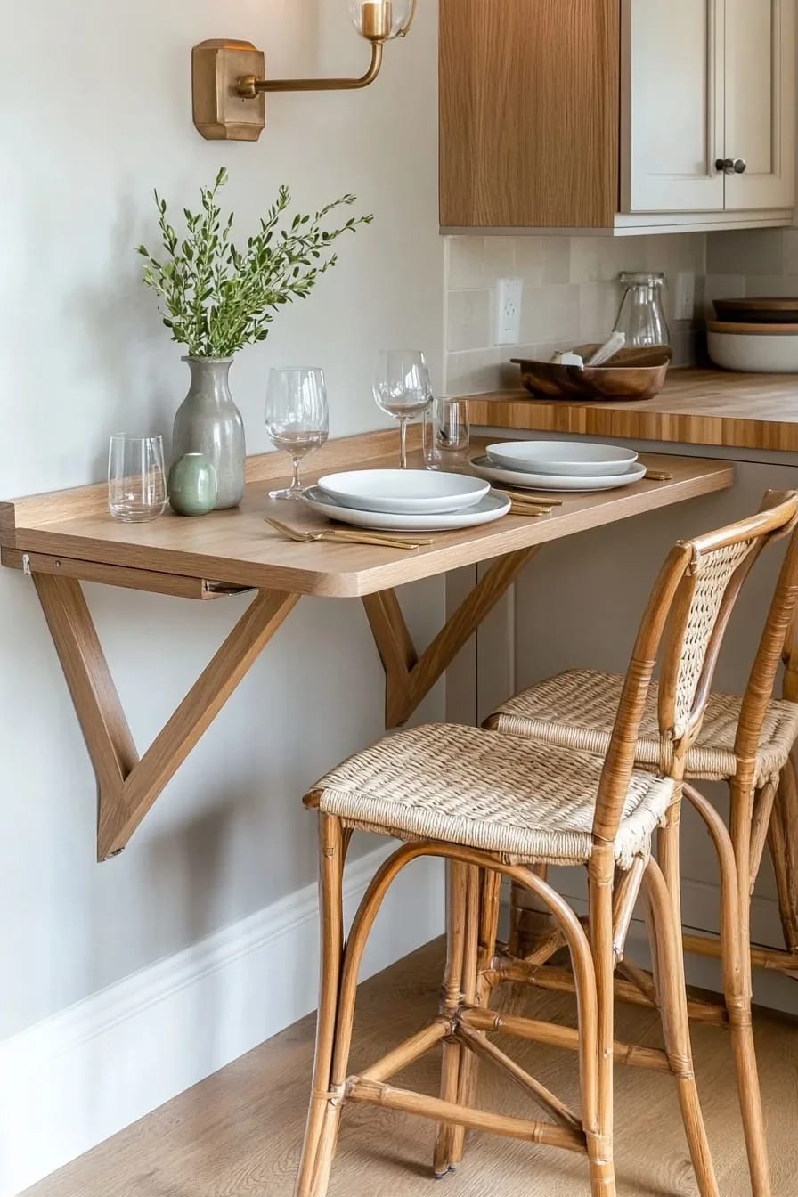 Small Apartment Kitchen Wall-Mounted Dining Table Small apartment kitchen with a wall-mounted wooden dining table, two woven chairs, place settings, glassware, a vase of greenery, and upper cabinets