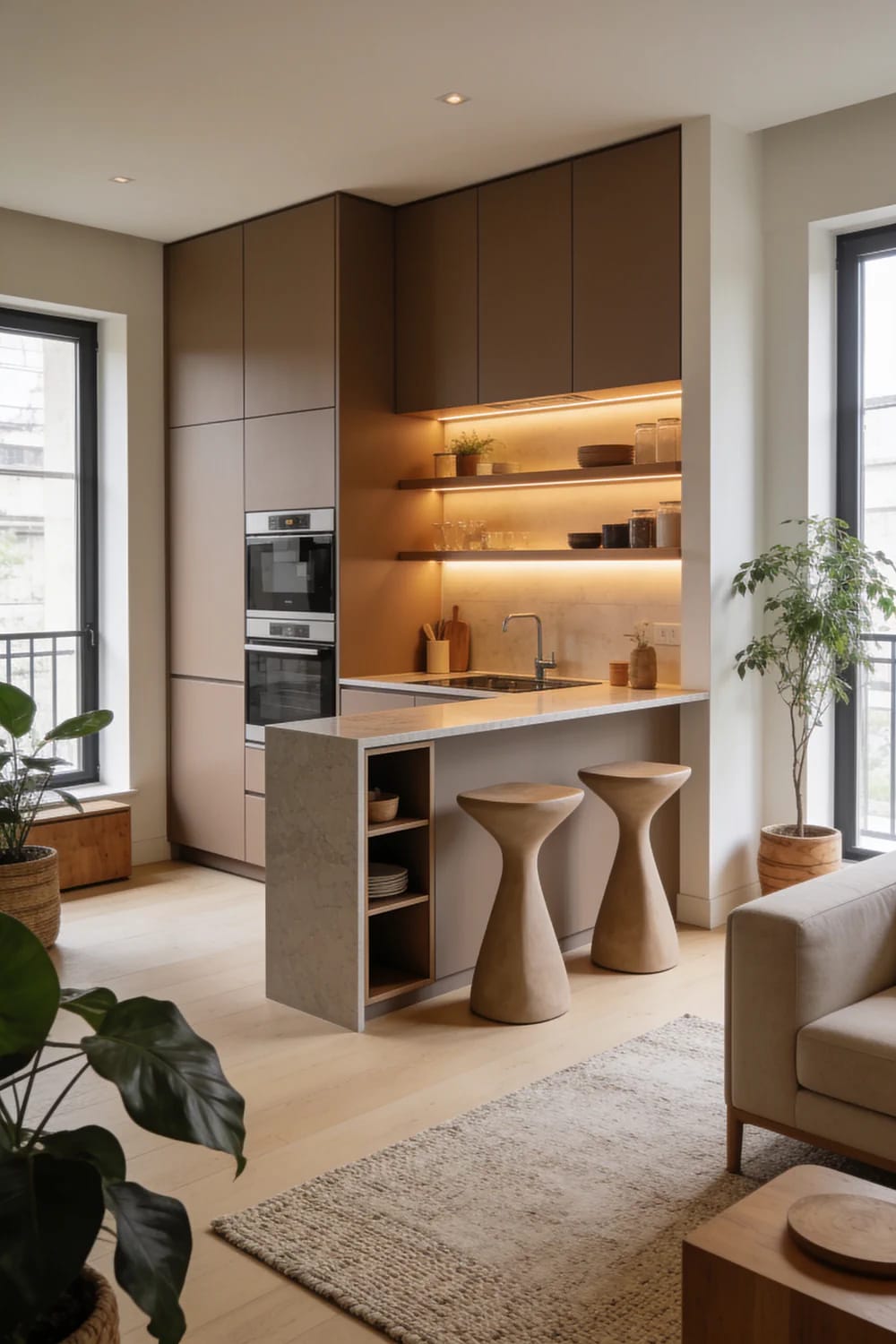 Small Apartment Kitchen With Counter Seating Compact wall-style apartment kitchen with tall brown cabinetry, built-in ovens, open illuminated shelves, a sink, and a peninsula counter with two stools