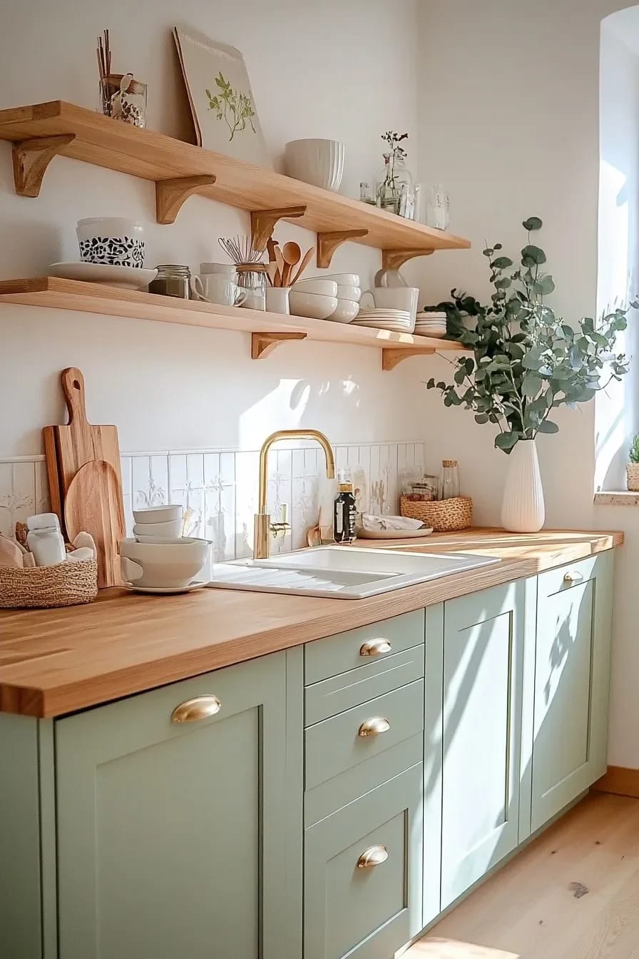 11 Small Apartment Kitchen Ideas That Give You Back Your Counter 3 Small apartment kitchen with sage-green cabinets, wooden countertops, open wooden shelves holding dishes and utensils, a sink, cutting boards, and a potted plant by the window