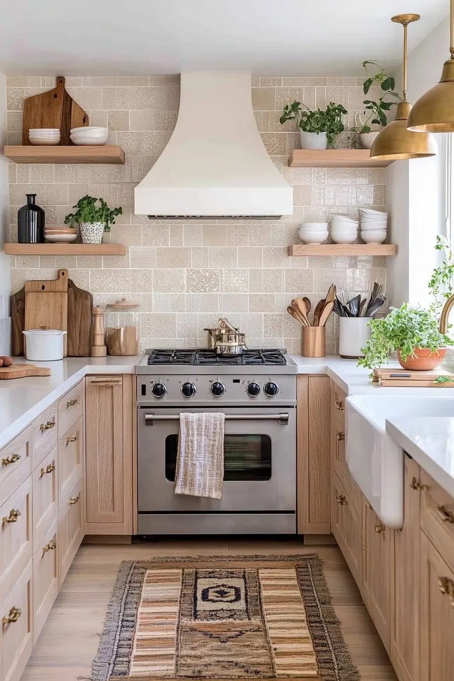 Small Apartment Kitchen With Open Shelving Small apartment kitchen with light wood cabinets, open shelves holding dishes and plants, a stainless steel range, patterned backsplash, and warm pendant lights.