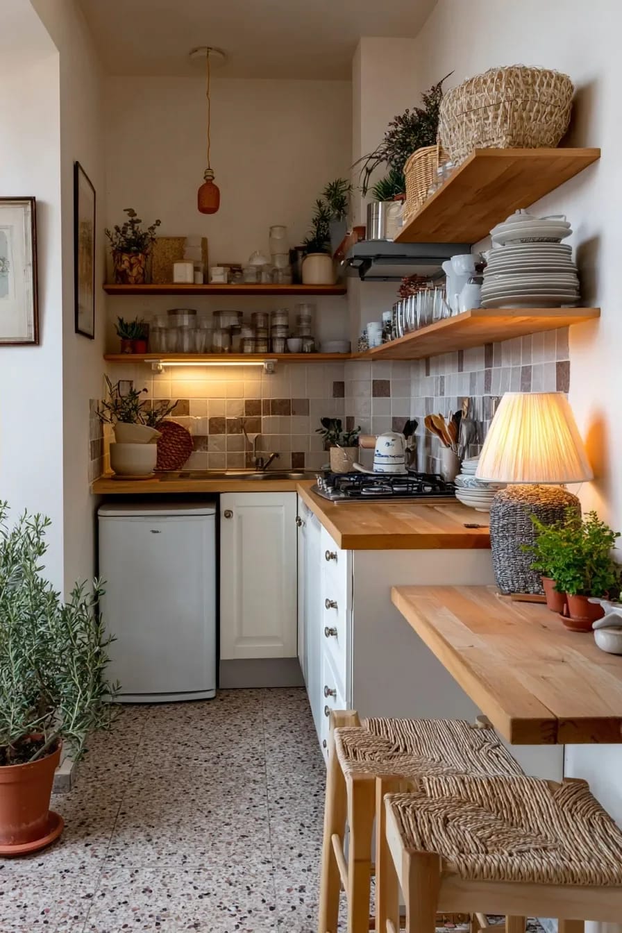 Small Apartment Kitchen With Open Shelving Small apartment kitchen with open wooden shelves holding dishes, glasses, baskets, and plants above wood countertops, a compact refrigerator, tiled backsplash, and two woven stools