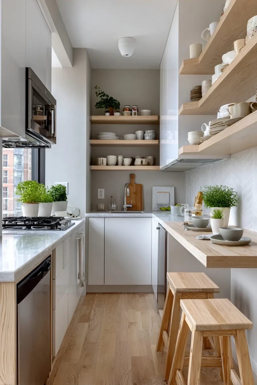 Small Apartment Kitchen With Open Shelving Small apartment kitchen arranged along a narrow wall with white cabinets, open wooden shelves holding dishes, a compact counter, stainless appliances, potted herbs, and a wall-mounted breakfast bar with stools