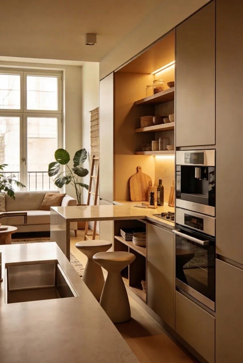 Small Apartment Kitchen With Wall-Mounted Storage Compact apartment kitchen arranged along one wall, featuring tall cabinetry, open illuminated shelves, built-in appliances, a peninsula counter with two stools, and a sink in the foreground beside a living area