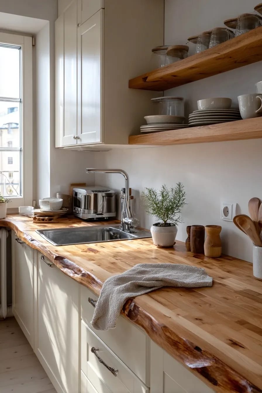 Small Apartment Kitchen With Warm Wood Countertops Small apartment kitchen with a wood countertop, stainless steel sink and faucet, white cabinets, open wooden shelves holding plates and cups, a toaster, potted herb, and dish towel