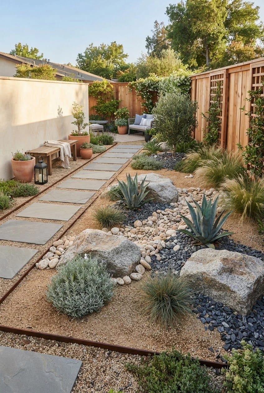 Small Backyard Gravel And Boulder Bed Small backyard landscaping with a gravel and boulder bed, drought-tolerant plants, agave, ornamental grasses, stepping stones, and wooden fencing