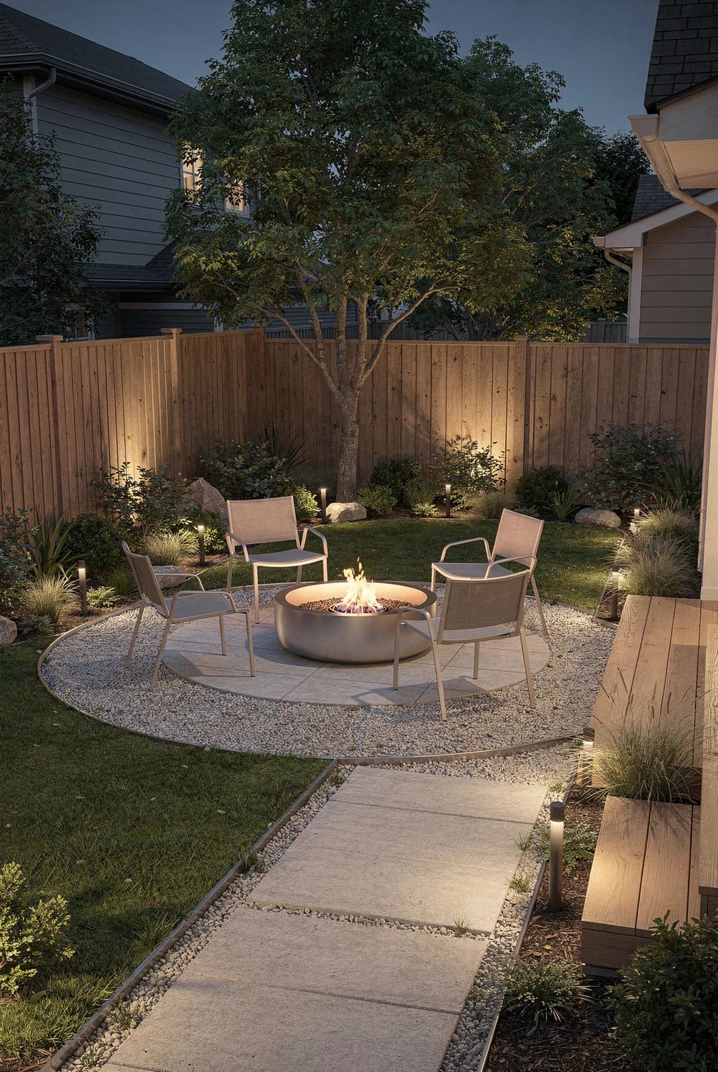 Small Backyard Landscaping Fire Pit Design Small backyard landscaping design with a round fire pit, four chairs, gravel edging, a paved walkway, planted beds, landscape lighting, and a wooden privacy fence