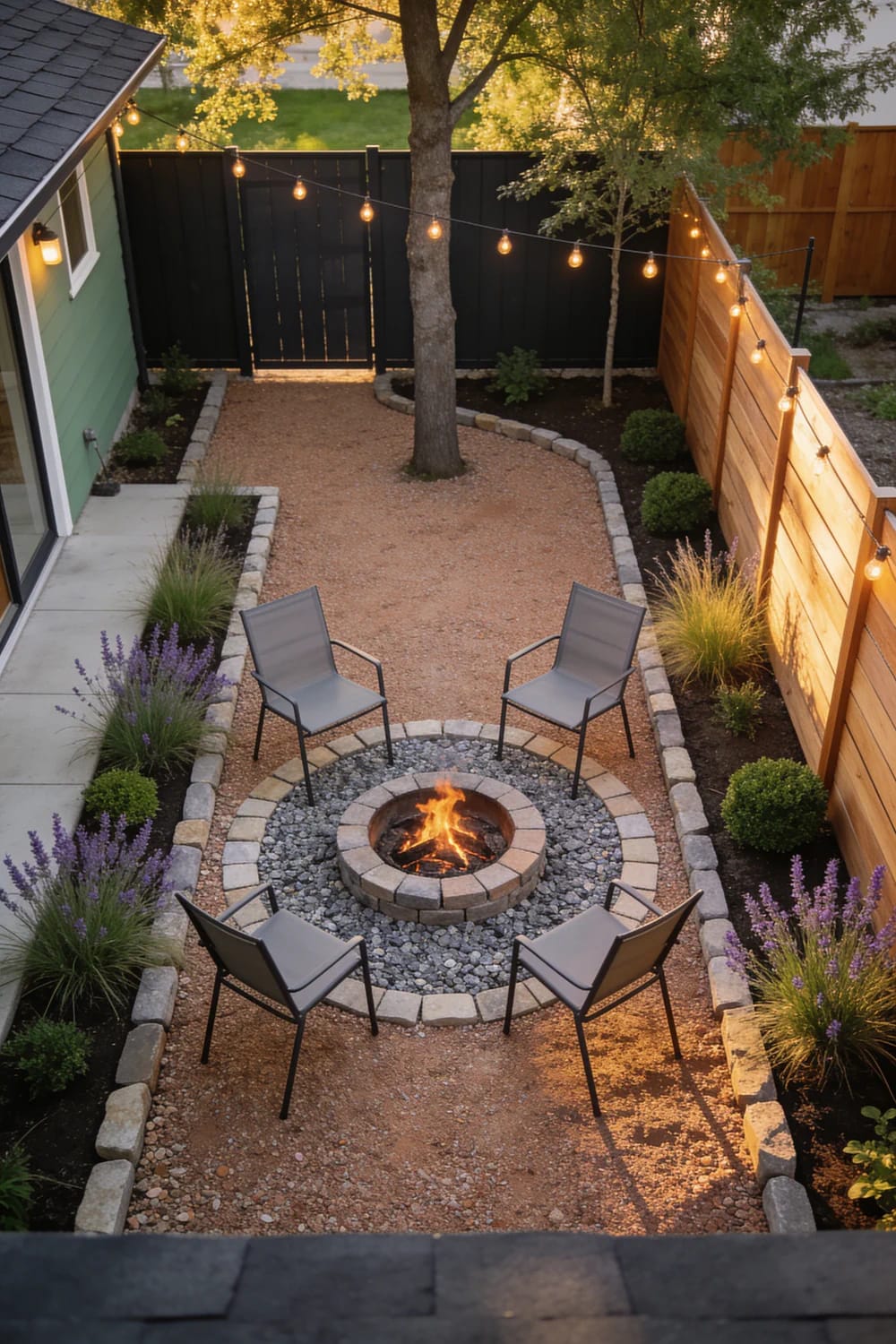 Small Backyard Landscaping Fire Pit Design Small backyard landscaping with a circular stone fire pit, four chairs, gravel paths, planted borders, trees, fences, and string lights