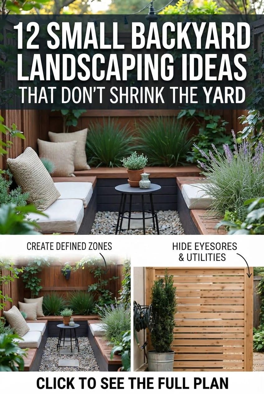 Small Backyard Landscaping Ideas With Defined Zones Graphic for small backyard landscaping showing a compact backyard seating area with cushioned benches, a small round table, gravel, raised planters, ornamental grasses, and a wooden fence, plus a smaller image of a slatted screen hiding utilities