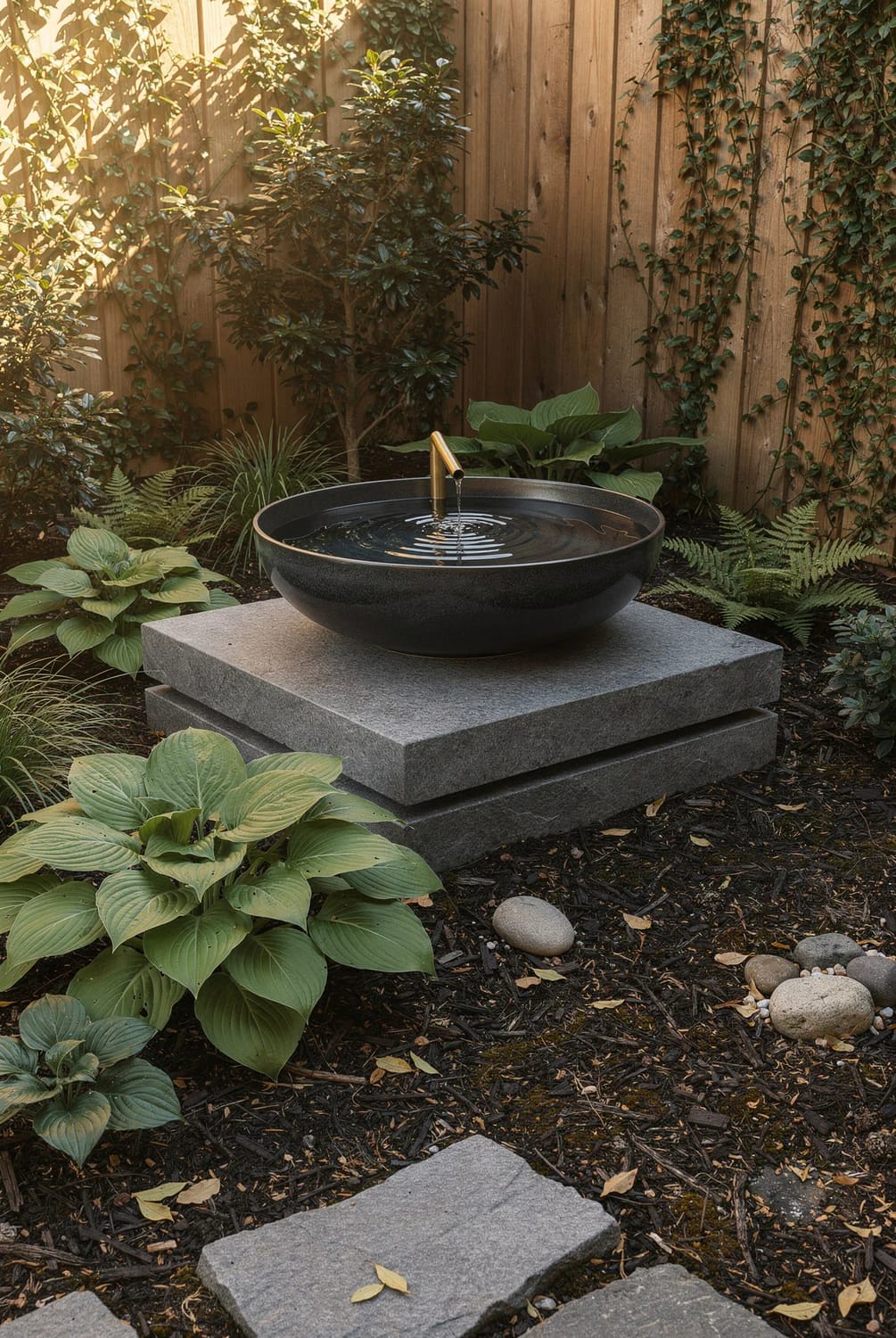 Small Backyard Landscaping Water Bowl A black round water bowl with a small spout sits on stacked stone slabs in a planted backyard corner, surrounded by hostas, ferns, shrubs, vines, mulch, and stepping stones.