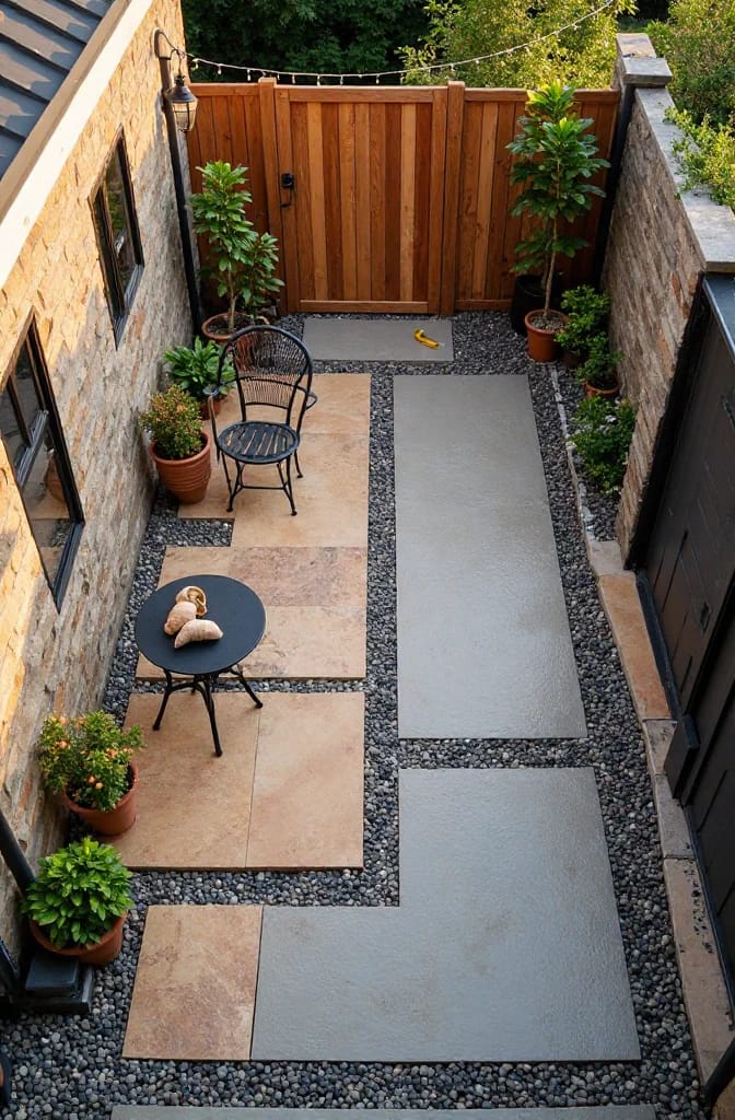 Small Backyard Landscaping With Diagonal Paving Small backyard landscaping with large rectangular paving slabs, gravel borders, potted plants, and seating arranged in a narrow courtyard