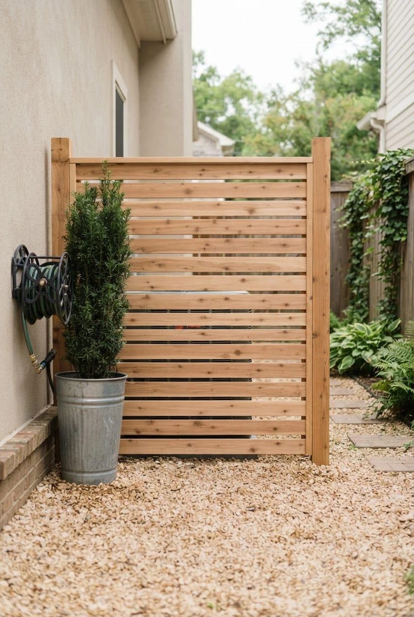 Small Backyard Landscaping With Hose Reel Screen Small backyard landscaping idea featuring a horizontal wooden privacy screen, wall-mounted hose reel, potted evergreen, gravel ground, and leafy plants between two houses