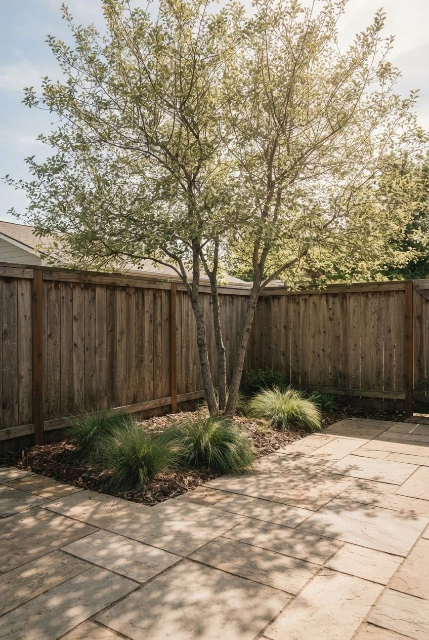 Small Backyard Landscaping With Multi Stem Tree A multi-stem tree grows beside a wooden fence in a small backyard, surrounded by ornamental grasses and a paved patio as a space-saving landscaping idea