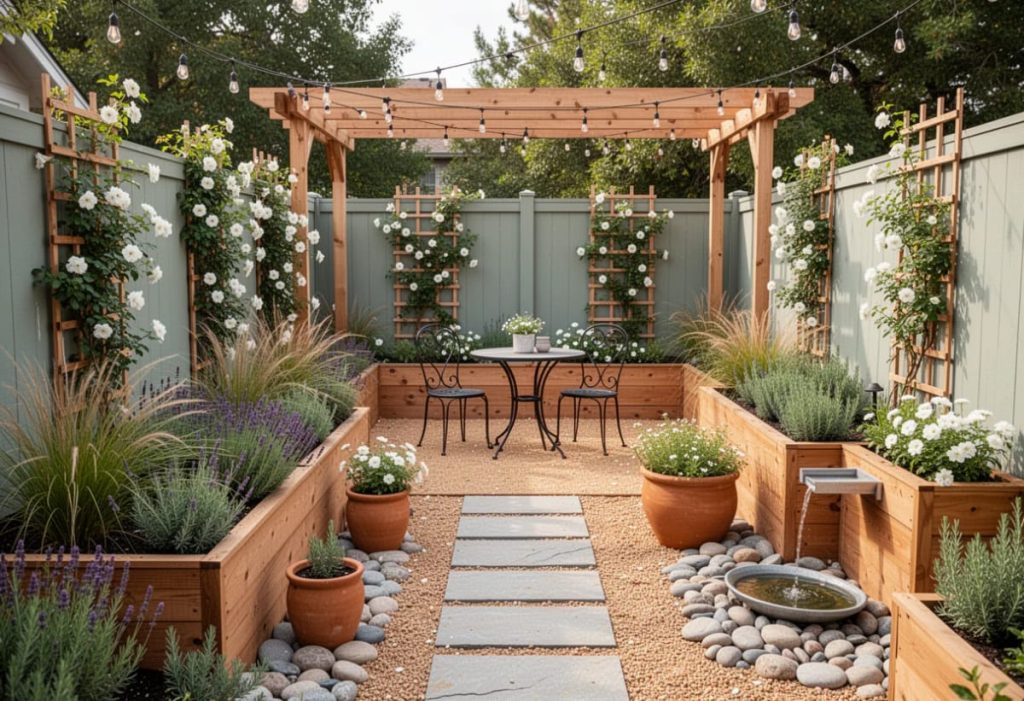 Small backyard landscaping featuring a wooden pergola with string lights, raised garden beds filled with flowering plants and grasses, trellises along a fenced yard, a gravel patio with two chairs and a table, stepping stones, potted plants, and a shallow water basin
