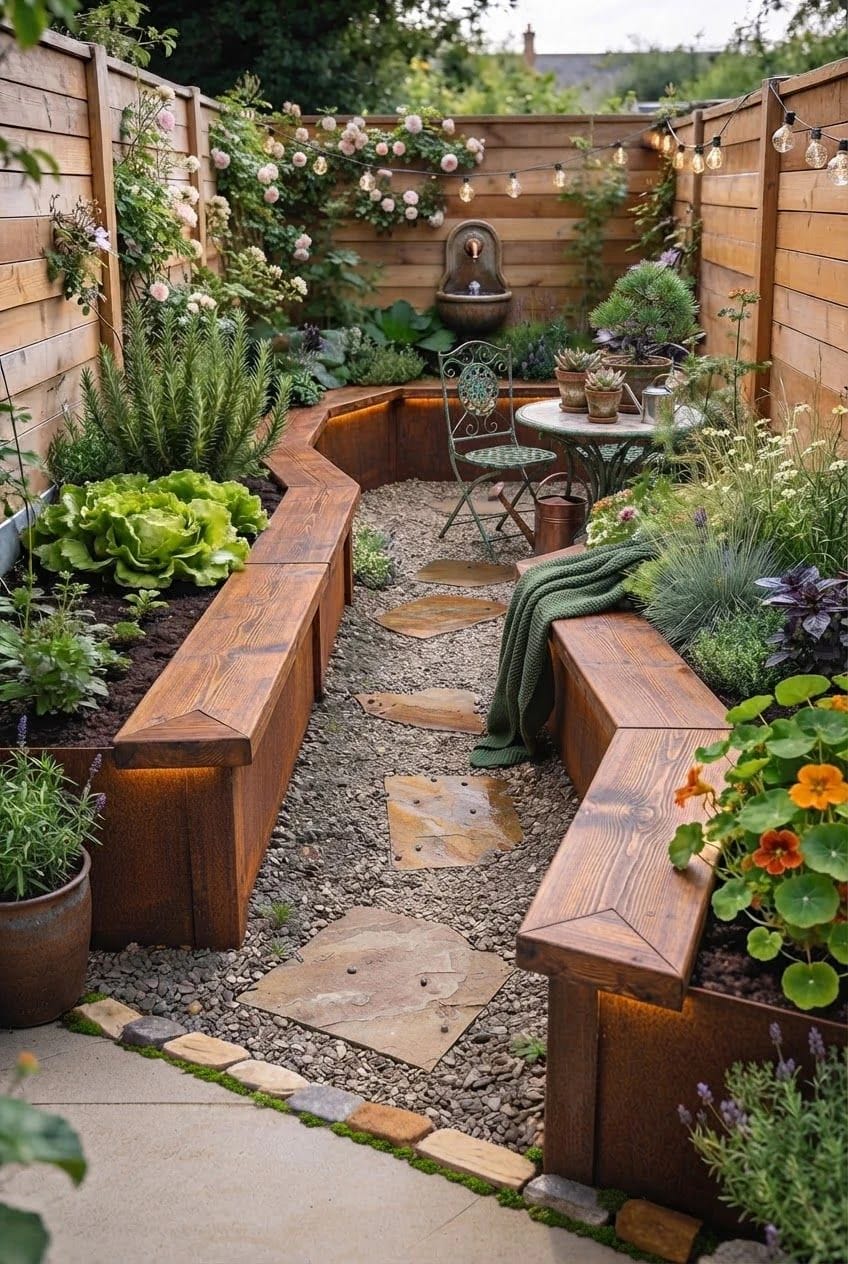 Small Backyard Landscaping With Raised Bed Seating Small backyard garden with seat-height wooden raised beds lining a fenced yard, filled with vegetables and flowers alongside a gravel path, fountain, string lights, and bistro seating