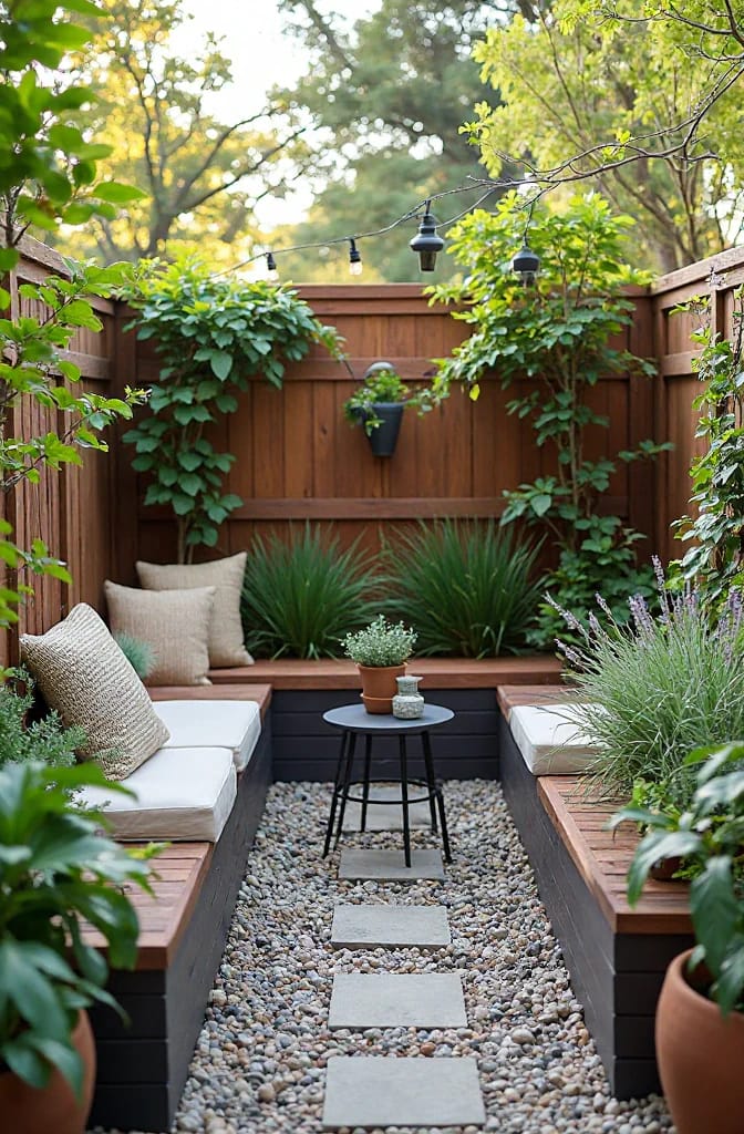 Small Backyard Landscaping With Raised Seating Beds Small backyard landscaping features seat-height raised beds lining a narrow gravel path, with built-in cushioned seating, lush plants, a small table, wood fencing, and string lights
