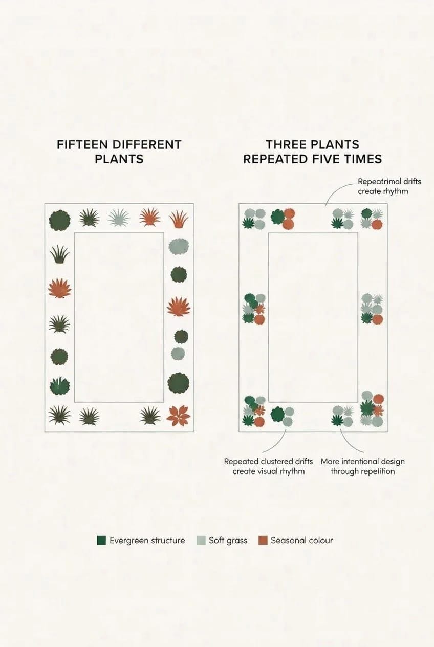 Small Backyard Landscaping With Repeated Plant Groups Diagram comparing fifteen different plants with three plants repeated five times around rectangular garden beds, illustrating a small backyard landscaping idea using clustered drifts and repeated planting.