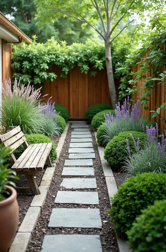 Small Backyard Landscaping With Repeated Plants Small backyard landscaping with a narrow stepping-stone path bordered by repeated ornamental grasses, purple flowering plants, rounded shrubs, and a wooden fence