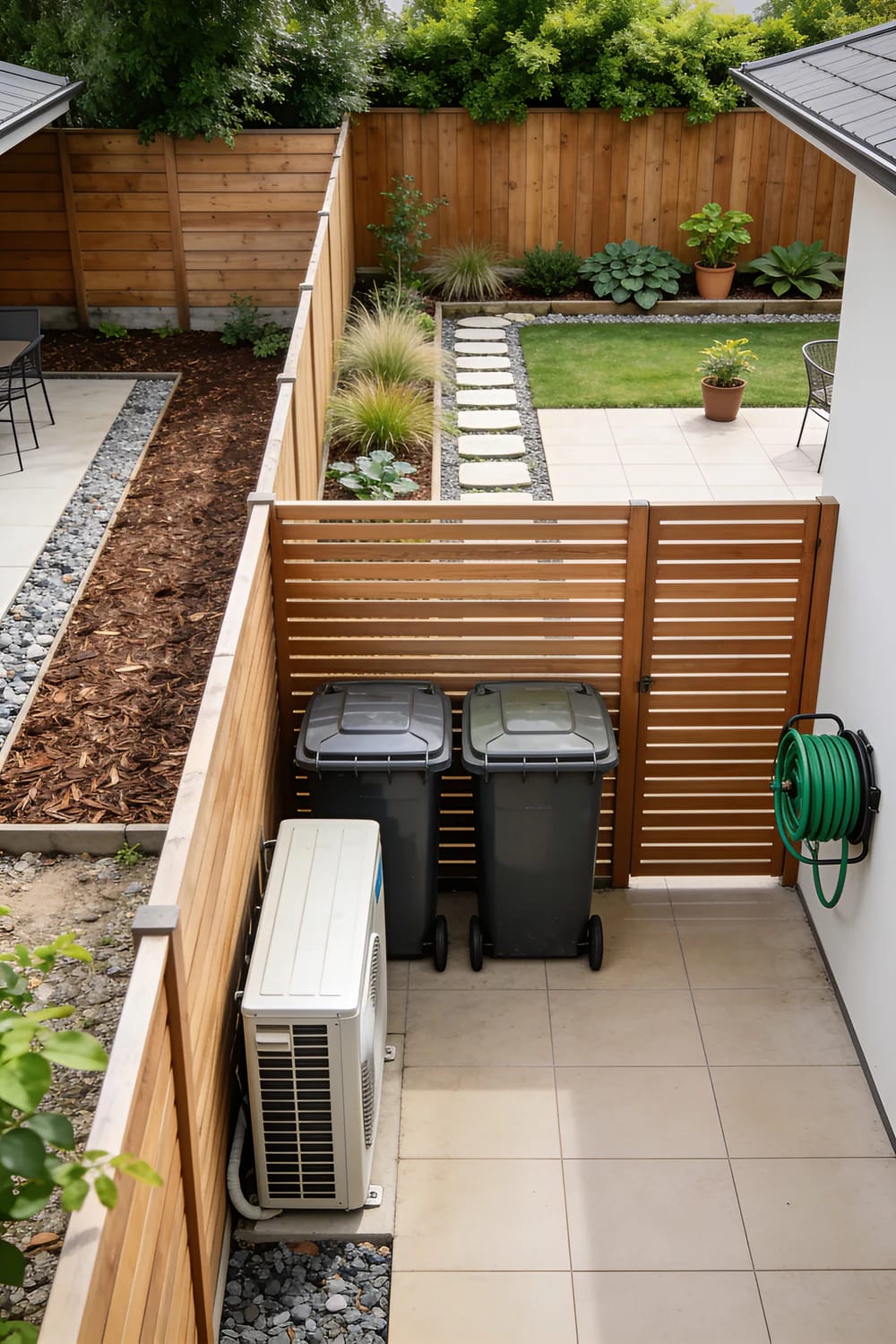 Small Backyard Landscaping With Screened Utility Area Small backyard landscaping with a slatted wooden screen concealing two bins and an air conditioner, while a green hose reel remains mounted beside the tiled patio; planted borders, gravel, stepping stones, lawn, and seating are visible beyond