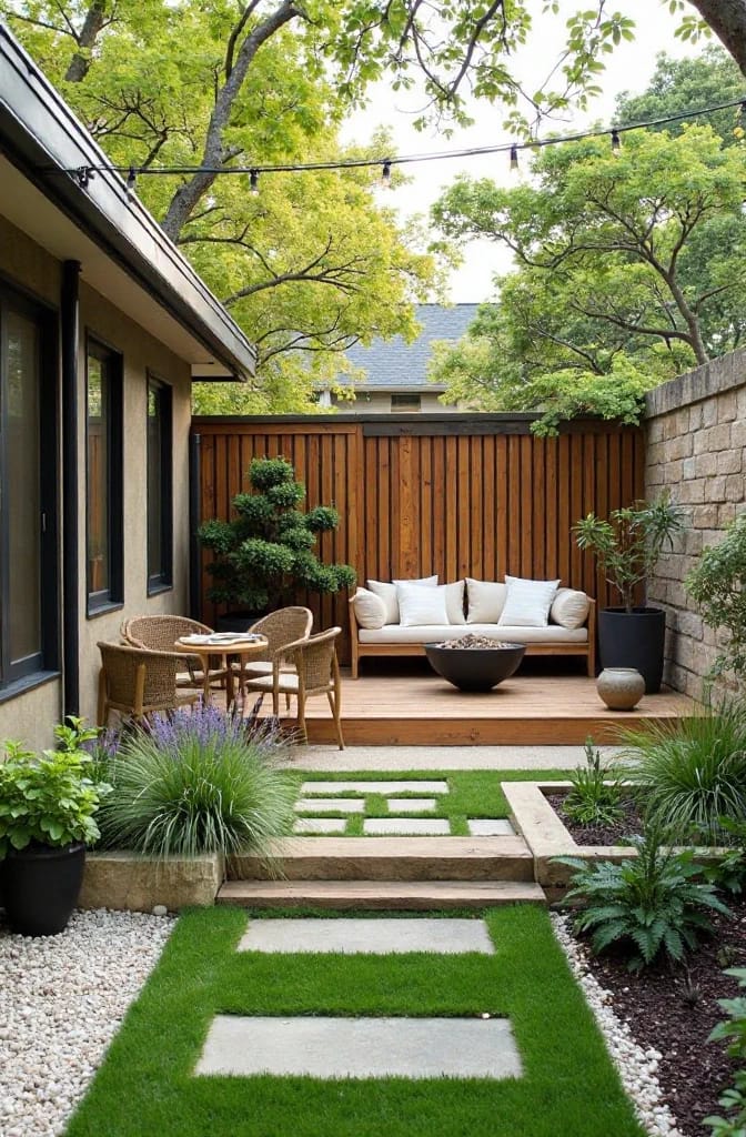 Small Backyard Landscaping With Two-Level Outdoor Rooms Small backyard landscaping features a six-inch step separating a lower lawn path from a raised wooden deck seating area, surrounded by potted plants, grasses, trees, and stone borders