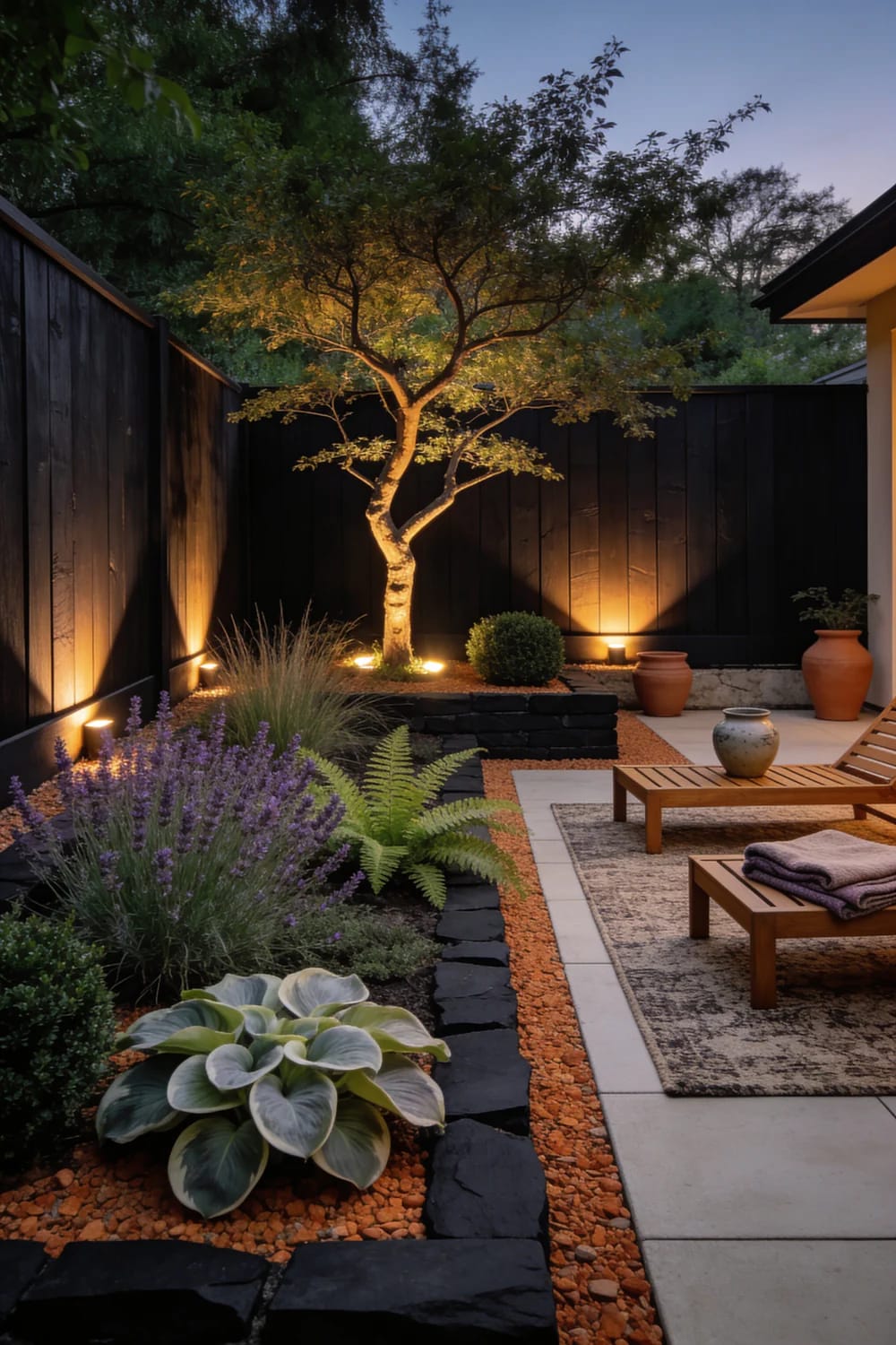 Small Backyard Landscaping With Uplighted Fence And Tree Small backyard landscaping features a tree and dark privacy fence illuminated by ground lights, with planted beds, gravel, pavers, lounge chairs, and patio seating.