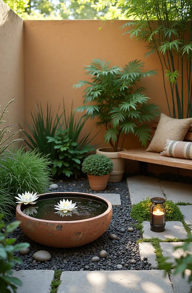 Small Backyard Landscaping With Water Bowl A small backyard corner features a shallow terracotta water bowl with white water lilies, surrounded by dark gravel, potted plants, stepping stones, a bench, and a lantern.