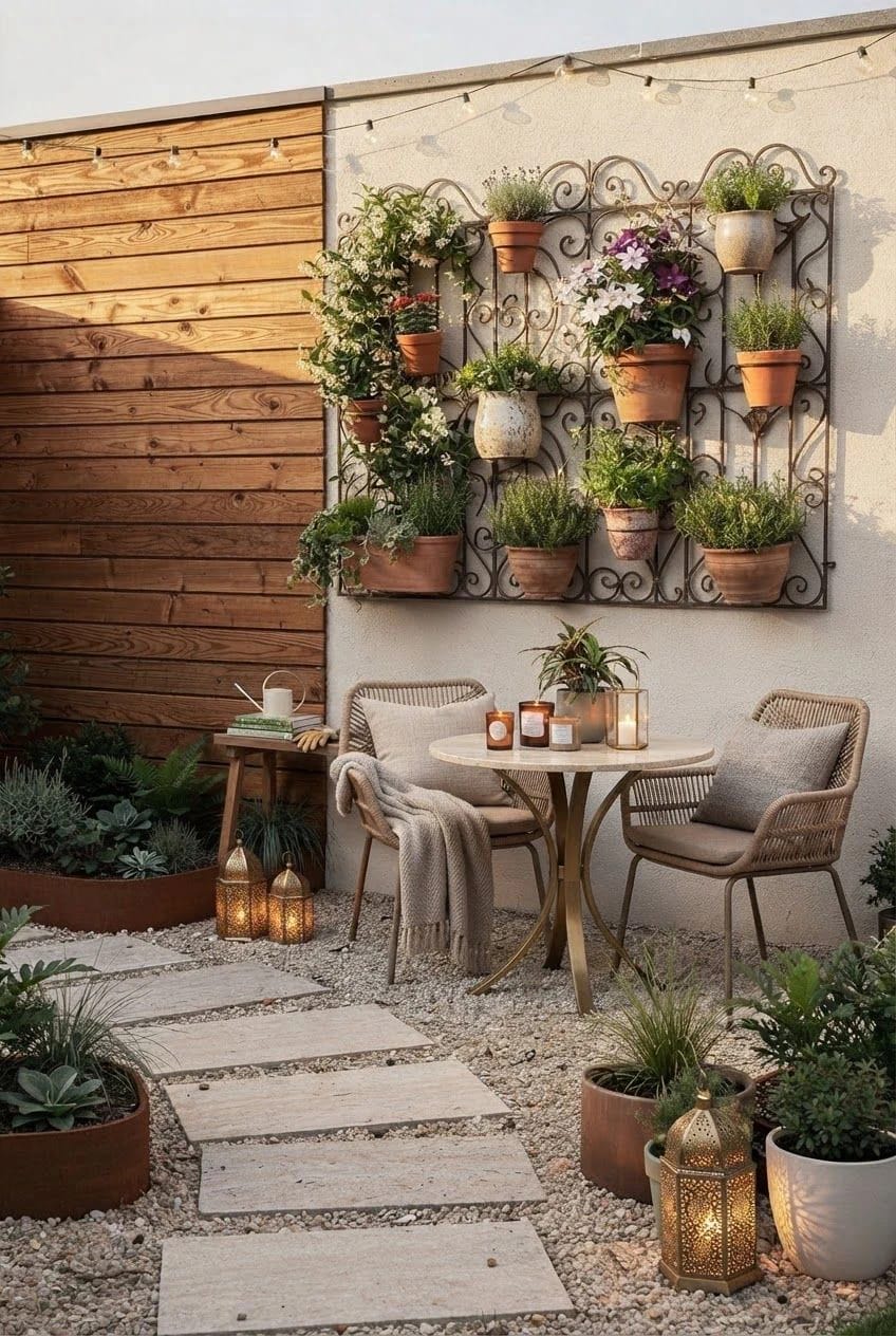 Small Backyard Vertical Garden Ideas A small backyard patio features a wall-mounted metal trellis filled with potted plants, string lights, outdoor chairs, a table, gravel, stepping stones, and lanterns, illustrating a vertical garden that saves yard space