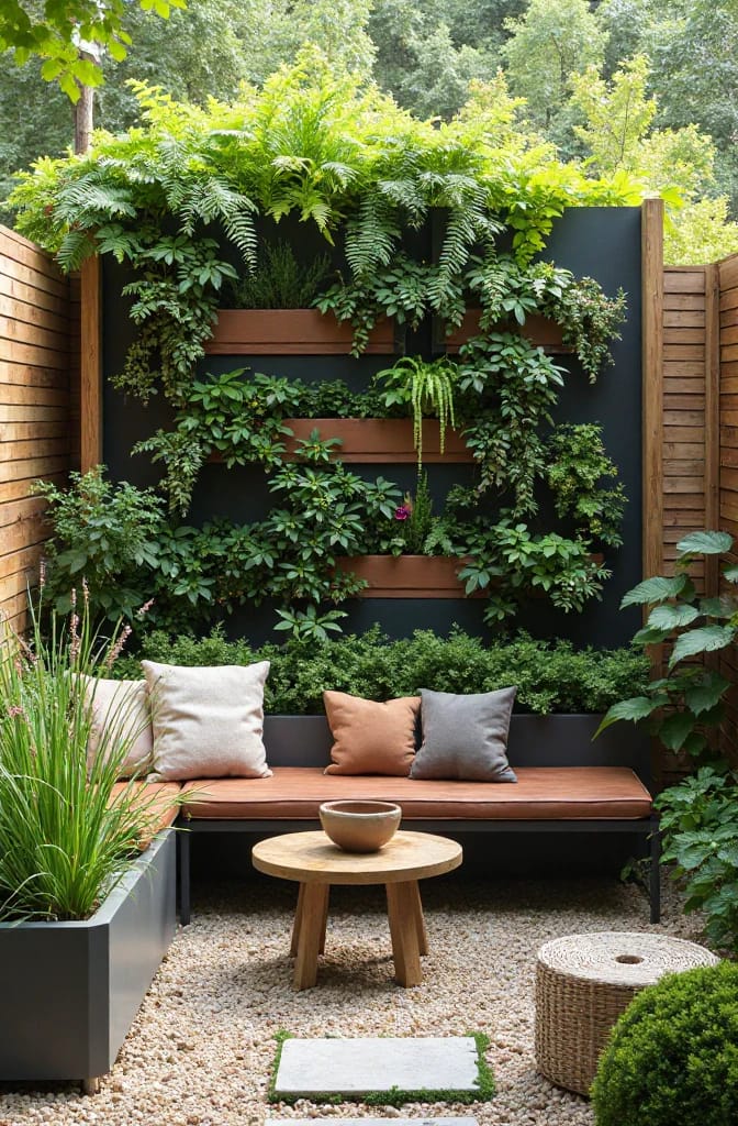 Small Backyard Vertical Garden Landscaping Idea A small backyard seating area features a lush vertical garden mounted on a dark wall, with wooden planters, a bench with cushions, gravel ground, and a small round table.
