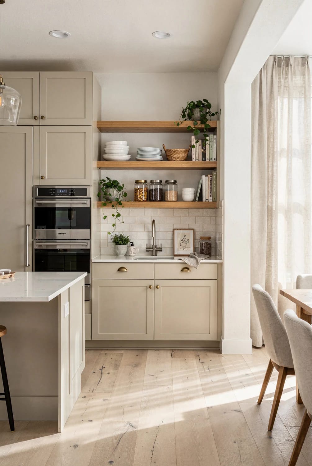 Small Kitchen Remodel With Full Cabinet Wall Small kitchen with a full wall of beige cabinets, built-in oven, open wooden shelves holding dishes and jars, a sink, and a light wood floor beside a dining area