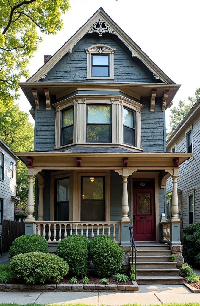 Front view of a narrow Victorian home with blue-gray siding, cream trim, and a dark red front door, illustrating a three-color Victorian paint scheme.