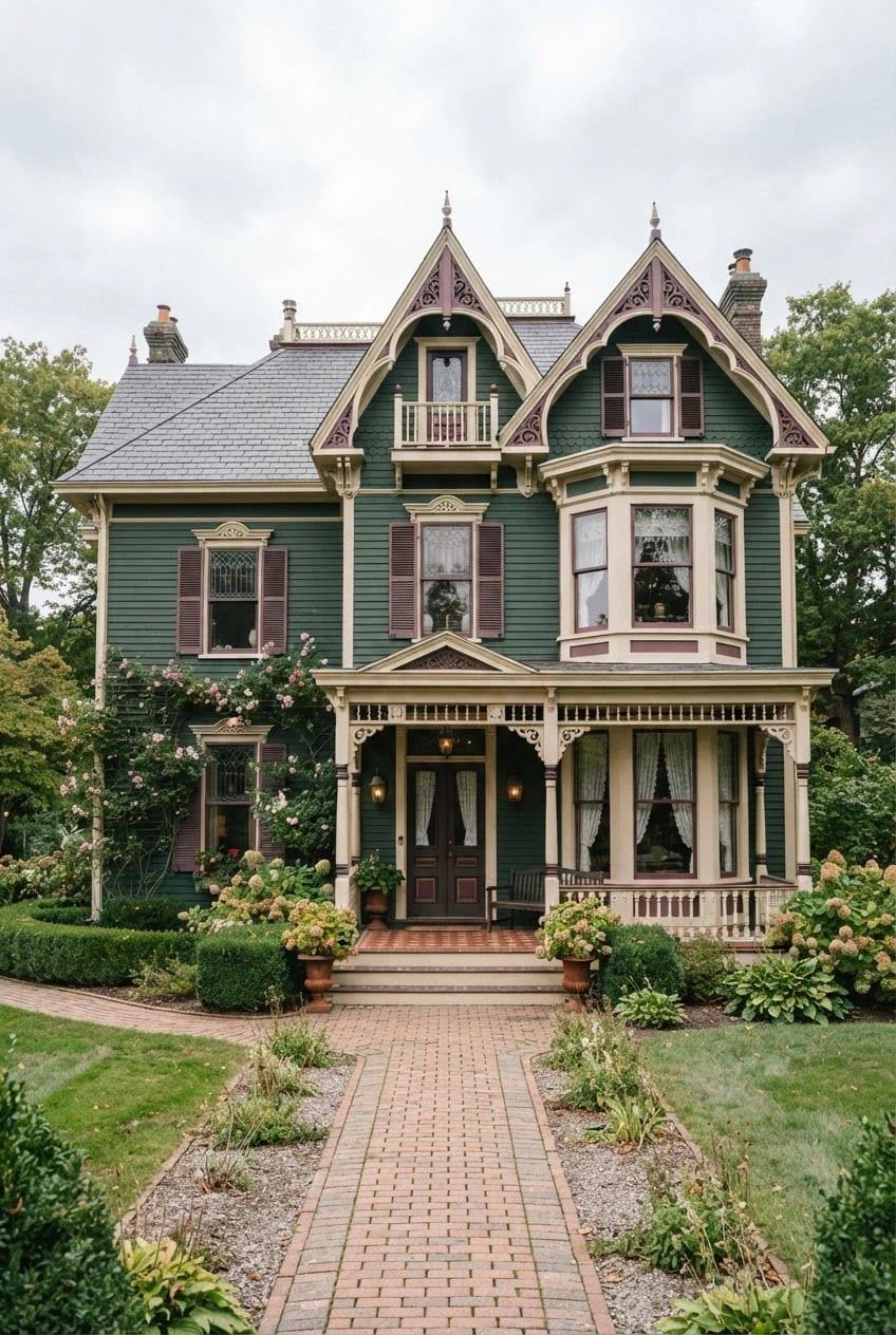 Elaborately detailed Victorian home with dark green siding, cream trim, burgundy shutters, ornate gables, and a landscaped garden along a brick walkway, illustrating a three-color Victorian paint scheme