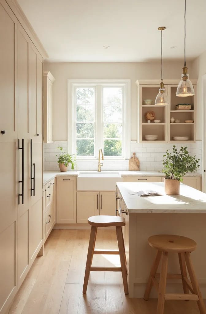 Timeless Beige Cabinet Kitchen Remodel Inspiration Bright kitchen with beige cabinets, a white farmhouse sink, subway tile backsplash, open shelving, pendant lights, and a central island with stools, illustrating kitchen remodel inspiration and light-reflective beige cabinetry