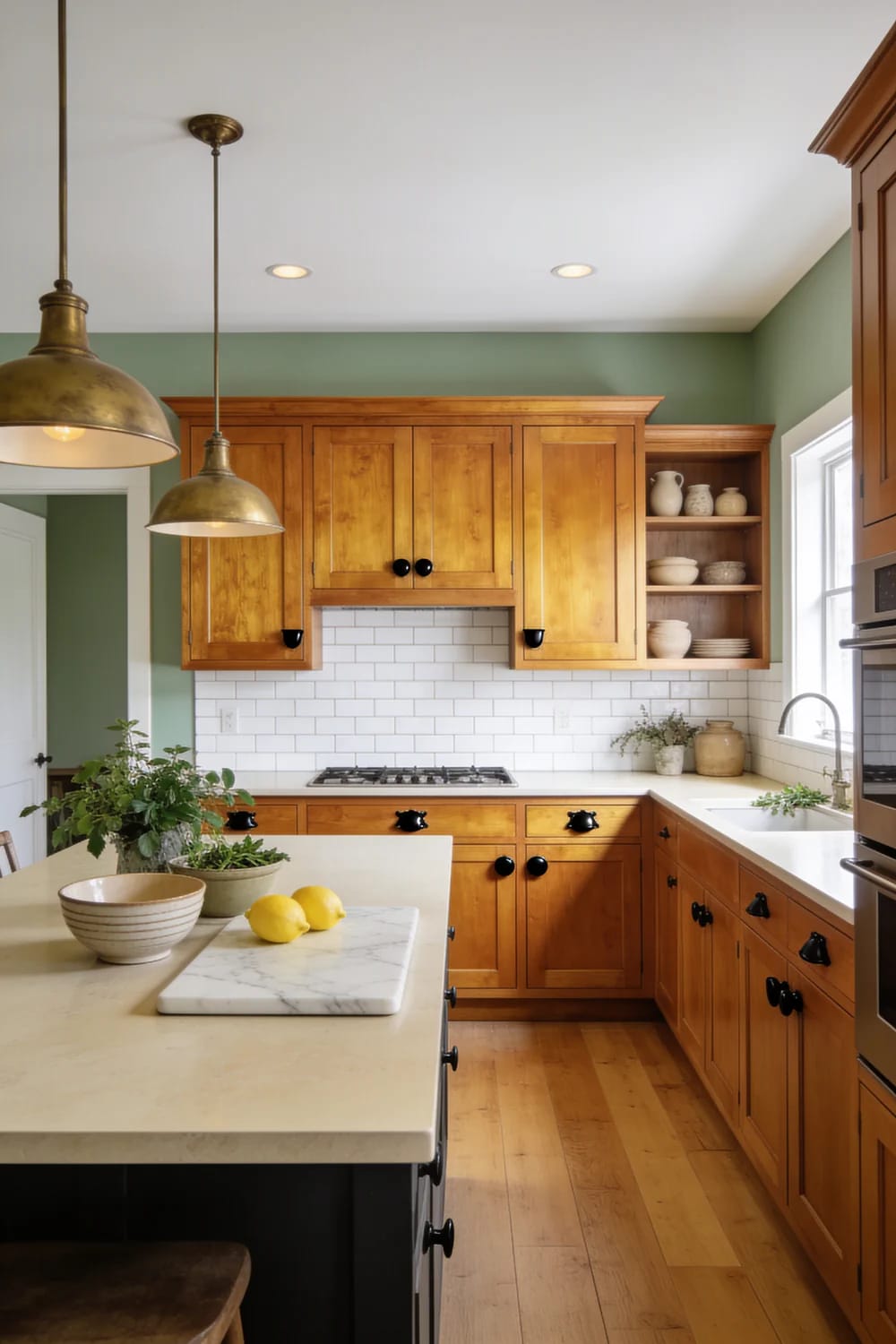 Timeless Honey Oak Cabinet Kitchen Remodel Kitchen with refinished honey oak cabinets, black hardware, white subway tile backsplash, green walls, pendant lights, and a light island countertop.