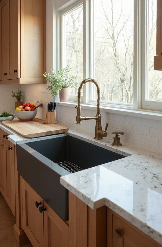Timeless Kitchen Remodel Countertop Inspiration Kitchen remodel inspiration showing a farmhouse sink beneath large windows, white stone countertop, wooden cabinets, a cutting board, fruit bowl, knife block, and brass faucet