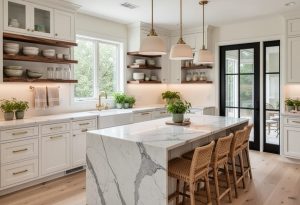 Kitchen Remodel Inspiration That Holds Up After the Trend Passes 7 Bright kitchen remodel inspiration featuring white cabinetry, open wood shelves with dishes, a large veined marble island, woven bar stools, pendant lights, plants, and black-framed glass doors