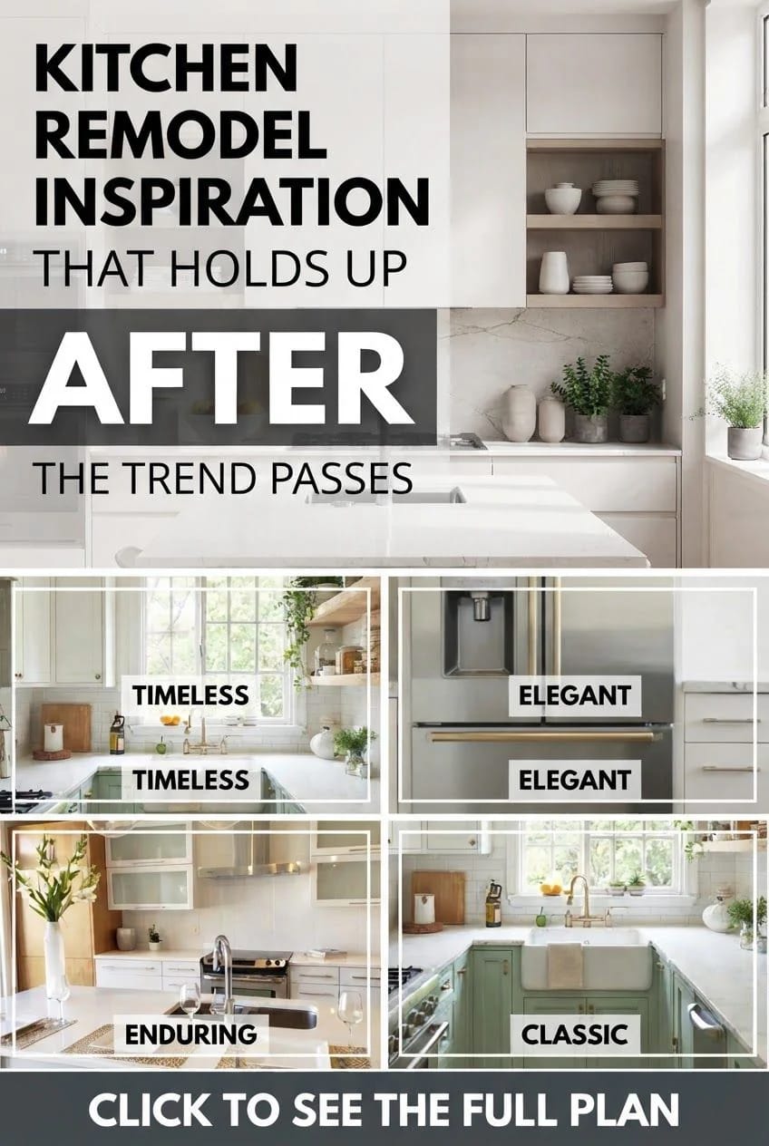 Timeless Kitchen Remodel Inspiration Graphic promoting kitchen remodel inspiration that holds up after trends pass, featuring a bright neutral kitchen with open shelving and four smaller kitchen photos labeled Timeless, Elegant, Enduring, and Classic