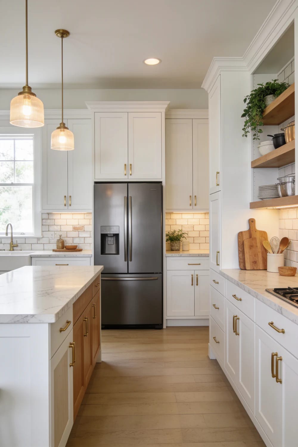 Timeless Kitchen Remodel With Counter-Depth Refrigerator Bright kitchen remodel with white shaker cabinets, a stainless steel counter-depth refrigerator, pendant lights, subway tile backsplash, wood accents, and a central island